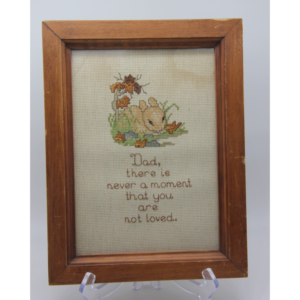 Vintage Framed Handmade Needlepoint Cross-stitch Bunny Rabbit Dad you are Loved